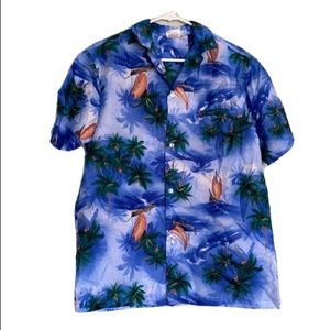 Vintage Kalena Fashions of HAWAII Hawaiian Shirt Blue With Sail Boat Palm Trees